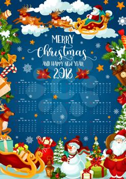 Christmas holiday calendar of 2018 New Year celebration. Year calendar template with gift, Santa and snowman, Xmas tree, holly and bell, candy, snowflake and star, sleigh and present frame border