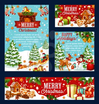Christmas holiday greeting card template. Santa and snowman with gift, Xmas tree, holly berry and bell, snow, star and candy, sock, cookie and ribbon banner for winter holidays celebration design