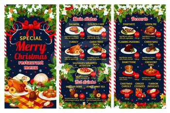 Christmas cuisine restaurant menu template of winter holiday festive dinner dishes. Turkey, fish and sausage, Xmas pudding and gingerbread cookie, New Year dessert and hot drinks with Xmas tree decor