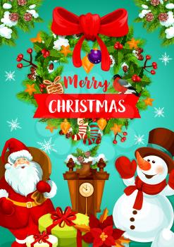 Christmas wreath with gift greeting card. Santa and snowman with midnight clock and present winter holiday banner with Xmas tree and holly wreath, ribbon banner, snow and star, sock, ball and cookie