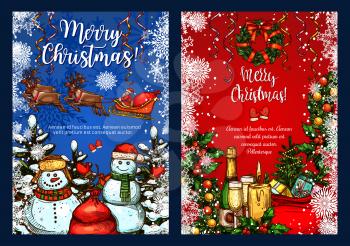 Merry Christmas greeting card sketch blue and red design of snowman and Santa deer sleigh for winter holidays season celebraion. Vector Christmas tree decorations, Xmas ribbon and New Year snowflakes