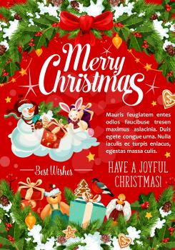 Merry Christmas best wishes greeting card for winter holidays season celebration. Vector snowman with Santa presents bag and Christmas tree decoration garland of golden bell, star and holly wreath
