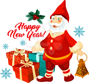 Happy New Year greeting of gnome dwarf in Santa hat and gift boxes icon for winter holiday design. Vector isolated Christmas snowflakes and holly wreath decoration ornament on white snow background