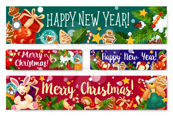 Merry Christmas and Happy New Year winter holidays greeting banners design for wish card. Vector Xmas decorations on Christmas tree, holly wreath or snowman with Santa present gifts and cookie