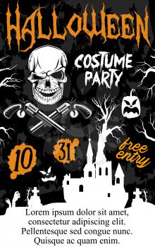 Halloween holiday zombie party poster. Ghost haunted house and zombie grave banner template with horror skeleton skull, Halloween pumpkin lantern and spooky tree for Halloween night celebration design