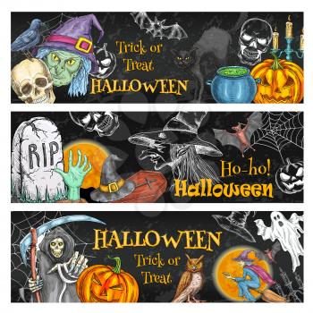 Halloween spooky night party sketch banner of october holiday scary symbols on chalkboard. Halloween pumpkin, witch, ghost and bat, spider web, skeleton skull, cemetery grave and zombie poster design