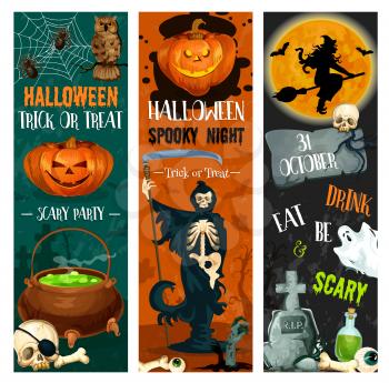 Halloween trick or treat night and spooky party sketch banners of pumpkin Jack lantern and zombie monsters. Vector Halloween witch on moon, tombstone and skeleton skull on grave or happy spooky ghost
