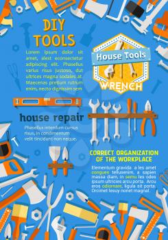 House repair and renovation DIY work tools flat poster. Vector toolbox of carpentry drill, saw or hammer and grinder, home renovation woodwork wrench or spanner and nails, interior painting paintbrush