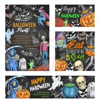 Happy Halloween sketch banner on chalkboard. Scary ghost and Halloween pumpkin in witch hat, horror skull and death skeleton, spider, bat, cemetery grave and zombie for holiday greeting card design