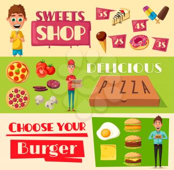 Fast food banners for pizzeria, burgers or sweet pastry shop. Vector set of pizza delivery man, cheeseburger or hamburger, chocolate and ice cream desserts for fastfood bistro price menu
