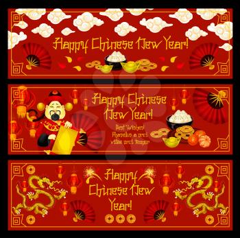 Lunar New Year banner of Chinese Spring Festival celebration. Oriental festive lantern, dragon and mandarin with golden coin, fan and firework, gold ingot and traditional food for greeting card design
