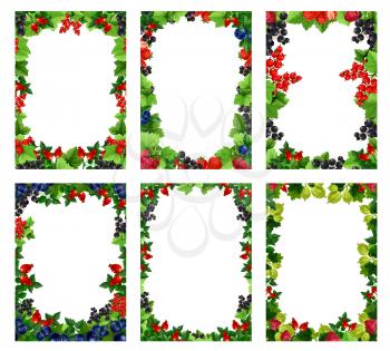 Berry posters templates for kitchen recipe or menu and farm market template. Vector fresh natural strawberry, garden raspberry or red currant and cherry fruit, forest blackberry or gooseberry