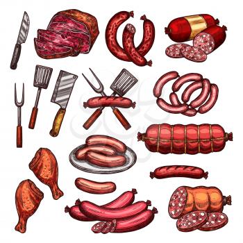 Grill meat and sausage sketch set. Barbecue steak of beef and pork, sausage and frankfurter, chicken leg, salami and pepperoni isolated icon with knife, grill fork and spatula for bbq party design