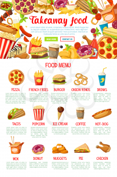 Fast food restaurant menu with frame border of hamburger, hot dog, pizza and fries, donut, chicken nugget, soda and coffee drinks. Ice cream, popcorn, taco, pie and burrito dish for web banner design
