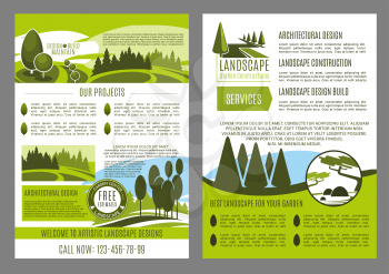 Landscape design company business brochure template. Landscape architecture, construction, park planning and garden design promotion banner or leaflet with green tree, leaf and grass lawn