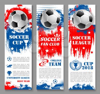 Football sport game banner set with soccer ball and winner cup. Football stadium with soccer ball and trophy for championship tournament match flyer and college league team poster design