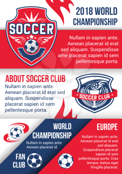 Soccer championship match poster of football sport game. Soccer competition tournament banner template, supplemented by football club heraldic badge with soccer ball on shield, laurel wreath and star