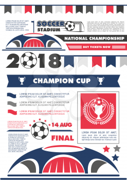 Soccer sport national championship poster template. Football stadium with soccer ball, winner trophy cup and champion laurel wreath banner, decorated with flag and star for sporting competition design