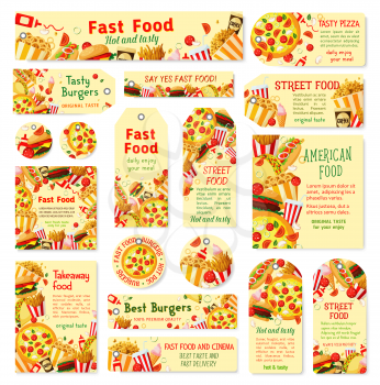Fast food restaurant tag and menu card set. Hamburger, hot dog and pizza, cheeseburger, fries and soda, coffee, ice cream and popcorn banner with fastfood lunch and ingredients for advertising design