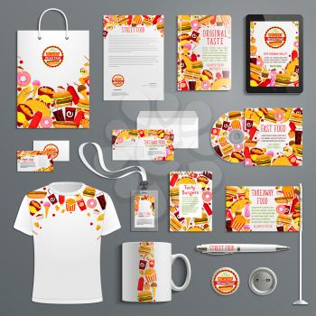 Corporate identity template for fast food restaurant branding. Letterhead, business card, brochure cover and stationery with brand layout of burger, hot dog and fries, soda drink, donut and ice cream