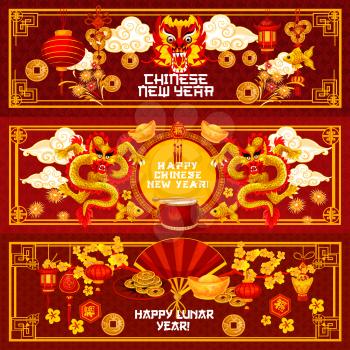 Chinese New Year greeting banners of traditional China golden ornaments and decorations and hieroglyph wishes in gold frame. Vector lunar year holiday dragons, Chinese golden fish and coins in clouds