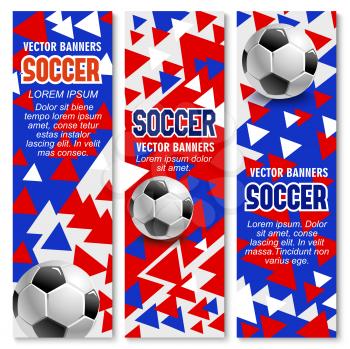Soccer ball banner of football sport game club template. Soccer ball 3d poster with sporting equipment for football championship tournament flyer and sport club brochure design