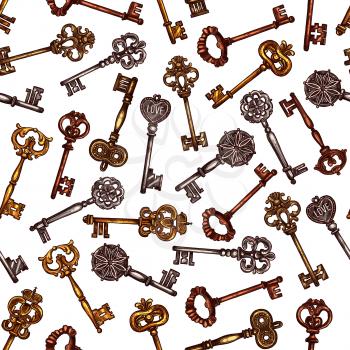 Vintage keys seamless pattern of vector old brass or metal bronze lock keys from antique or medieval royal castle with ornate bow and wards
