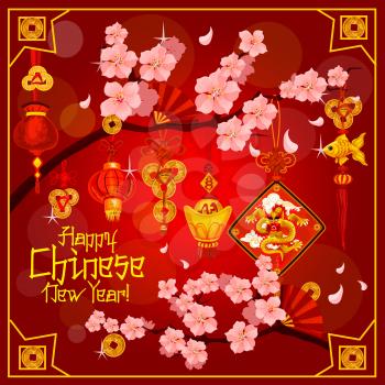 Chinese New Year greeting card of cherry blossom and golden traditional decorations, lanterns and star shine sparkles in golden frame. Vector red fans and sycee ingot for Chinese lunar new year holiday