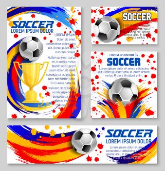 Soccer ball banner template for football sport game design. Golden winner cup or trophy with soccer ball, decorated by colorful paint splashes, brush strokes and spots for football championship design