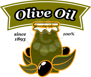 Olive oil pitcher jar and olives icon for extra virgin organic cooking oil product or bottle package label design template or Italian cuisine. Vector isolated black olive leaf for cooking oil