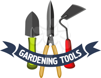 Gardening tools icon for garden farming or farm planting agriculture. Vector isolated icon of shovel spade and hoe, garden tree secateurs or scissors on blue ribbon for garden tools shop or farmer store