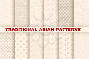 Asian patters set of Chinese or Japanese seamless traditional ornaments. Vector abstract floral, ornamental clouds and geometric waves for Asian flourish pattern backgrounds and seamless design
