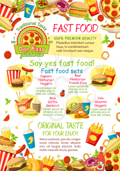 Fastfood menu or restaurant and cafe bistro poster of burgers, pizza and and fast food meals and snacks. Vector cheeseburger or hamburger and hot dog sandwich, donut cake and coffee or soda and fries