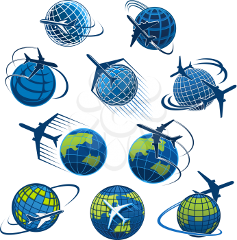 Airplane and world globe icon templates for travel agency or air post mail delivery and aviation logistics service company. Vector isolated aircraft flying around earth for tourism journey or airlines