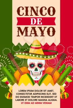 Cinco de Mayo mexican holiday greeting card for fiesta party template. Festival skull in sombrero hat festive banner with maracas, tequila margarita and lime, cactus and guitar in color of Mexico flag