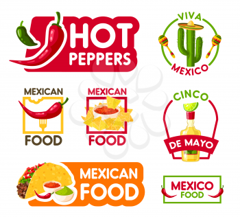 Cinco de Mayo mexican holiday food icon set. Chili pepper, taco and nacho with margarita, guacamole and salsa sauce, sombrero hat, maracas and cactus badge for Cinco de Mayo fiesta party menu design