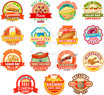 Fast food burgers cafe or Mexican fastfood restaurant icons. Vector isolated set of bbq hot dog sausage, pizza or quesadilla and burrito, kebab grill and nachos or cheeseburger and chicken nuggets