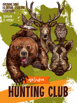 Hunting club sketch poster for open season. Vector design template of wild animals grizzly bear or aper and hog boar, duck and owl, elk or deer hunter trophy prey for hunting season