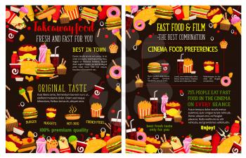 Fast food cafe or restaurant menu for takeaway fastfood meals and snacks. Vector posters of burger, cheeseburger or hamburger and hot dog sandwich, donut or coffee, pizza or fries and chicken nuggets