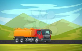 Tank truck or cistern trailer and tanker trailer transporting water, oil or petrol gas on green mountain nature landscape. Vector delivery or transportation load car and cargo shipment lorry