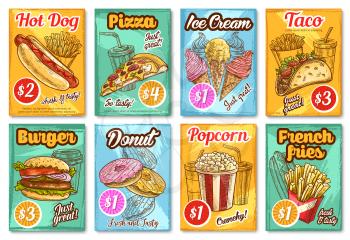 Fast food posters sketch design for fastfood restaurant or bistro menu template. Vector pizza, cheeseburger burger or hot dog sandwich and taco or burrito, donut or fries and coffee or soda drink