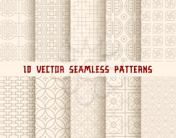 Oriental seamless pattern background set. Asian traditional geometric floral ornament with chinese circle tracery and japanese curve line pattern for wrapping paper, wallpaper and textile design