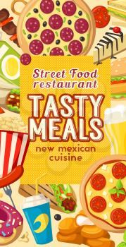 Fast food or finger food restaurant and bistro menu template poster design for Mexican cuisine. Vector sandwiches and burgers or fastfood pizza and taco or burrito, cheeseburger or hot dog and fries