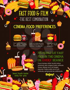 Fast food menu design template for cinema bistro or movie theater cafeteria restaurant. Vector fastfood combo for popcorn, burgers or hot dog sandwich and donut or fries and coffee or soda drink