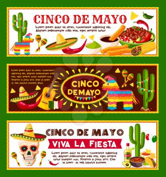 Cinco de Mayo Mexican banners templates for Mexico national holiday celebration and fiesta party. Vector design of traditional Mexican sombrero and skull, tacos or burrito snacks and tequila cactus