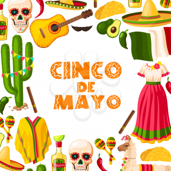 Cinco de Mayo mexican holiday greeting card for Puebla battle victory celebration. Fiesta party sombrero, maracas and cactus, chili pepper or jalapeno, tequila, Mexico flag and taco for poster design