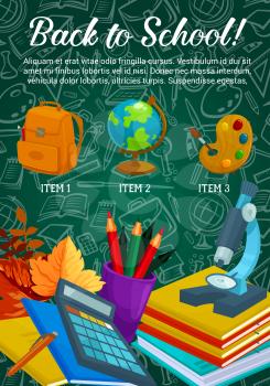 Back to School sale promo offer poster or web banner design of education stationery and lesson supplies on green chalkboard background. Vector school bag, book or microscope and globe map pattern