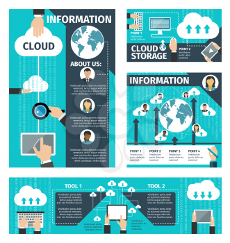 Infographic vector about cloud technologies. Concept of computer and connected mobile devices. Infographics design with cloud computing elements. Clouds and many different items: laptop, tablet, monitor etc