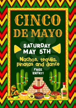 Cinco de Mayo Mexican holiday party or fiesta invitation entry flyer design template. Vector design of Mexico flags on Aztec pyramid, cactus and chili pepper or music maracas traditional food