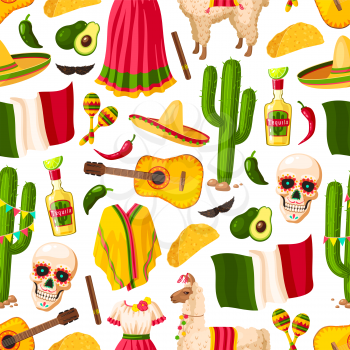 Cinco de Mayo background with mexican holiday symbols seamless pattern. Fiesta party sombrero, pepper and maracas, cactus, tequila and lime, Mexico flag, taco and chili or jalapeno for backdrop design